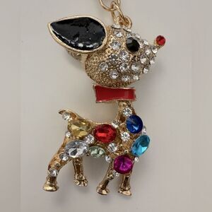 Reindeer Keychain Crystal Rhinestone With‎ Multicolor Gems & Gold Plating